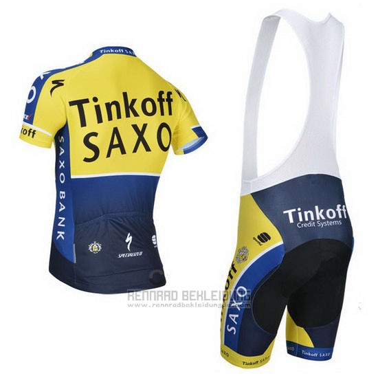 2014 Fahrradbekleidung Tinkoff Saxo Bank Blau und Gelb Trikot Kurzarm und Tragerhose